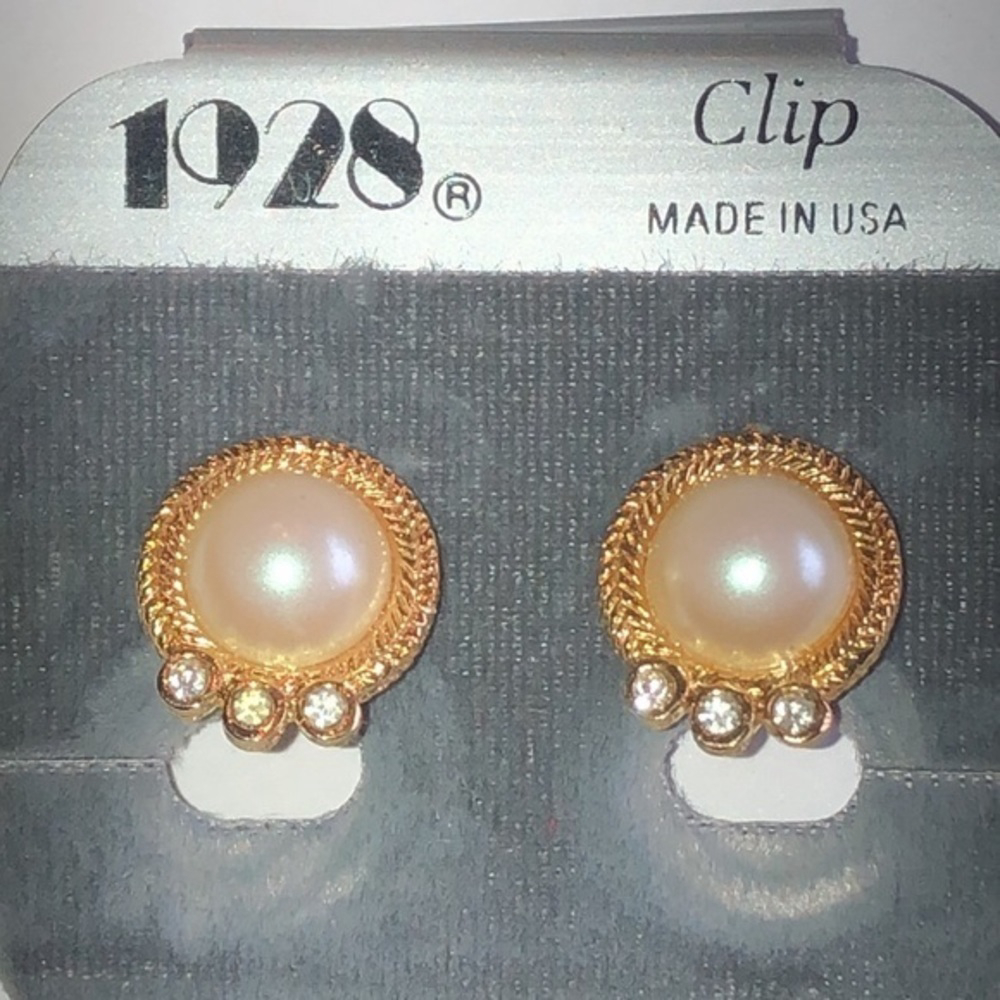 1928 Vintage New Gold Tone & Faux Pearl CZ Rhinestone Clip On Earrings